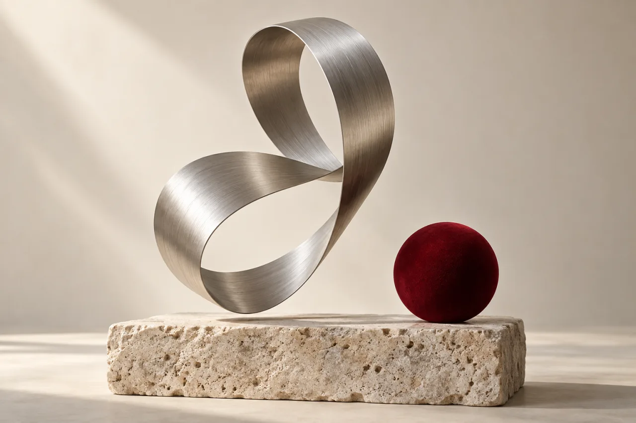 A brushed steel ribbon floats above travertine beside an oxblood sphere.