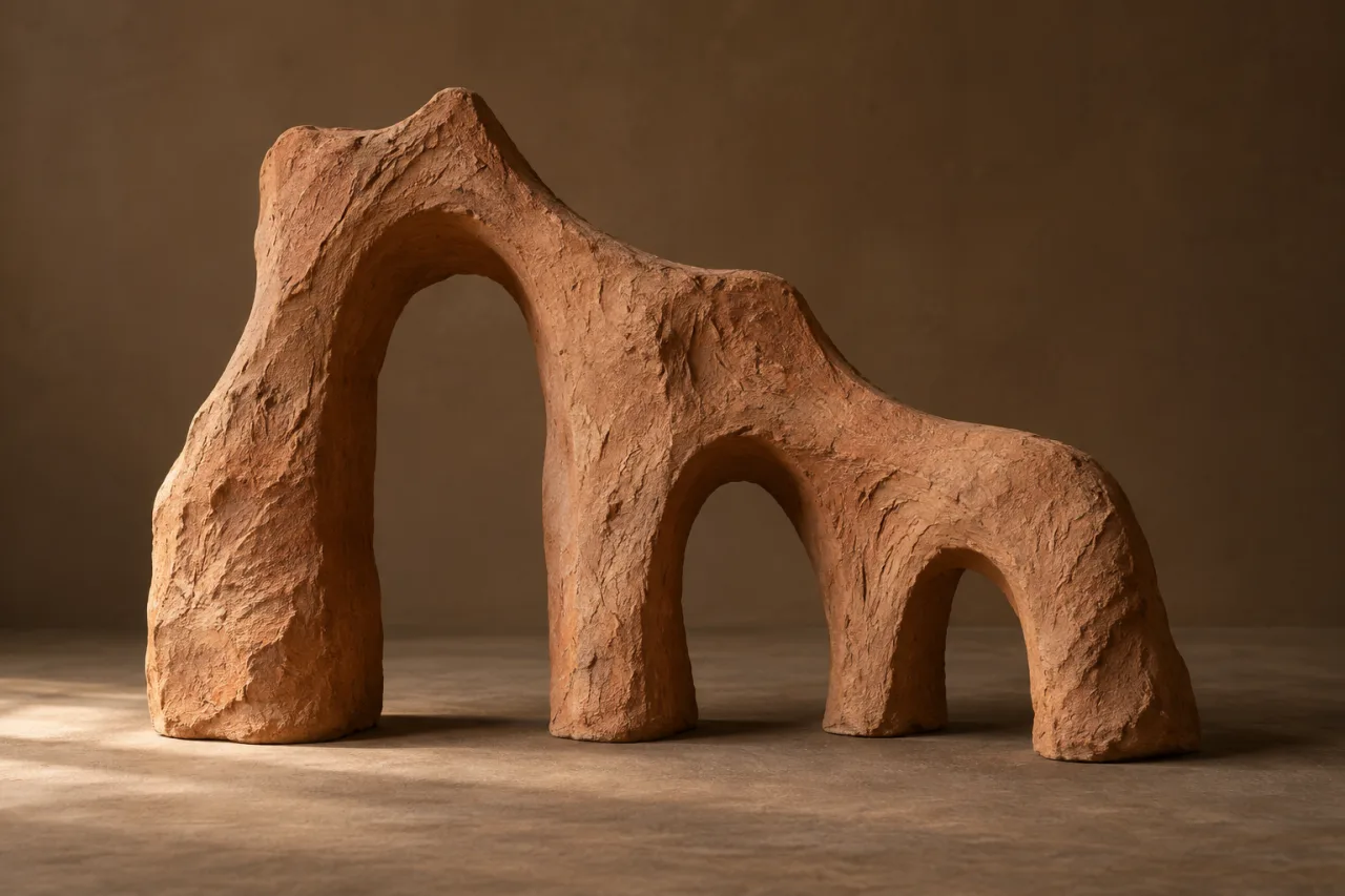 A rough terracotta sculpture with three irregular arch openings.
