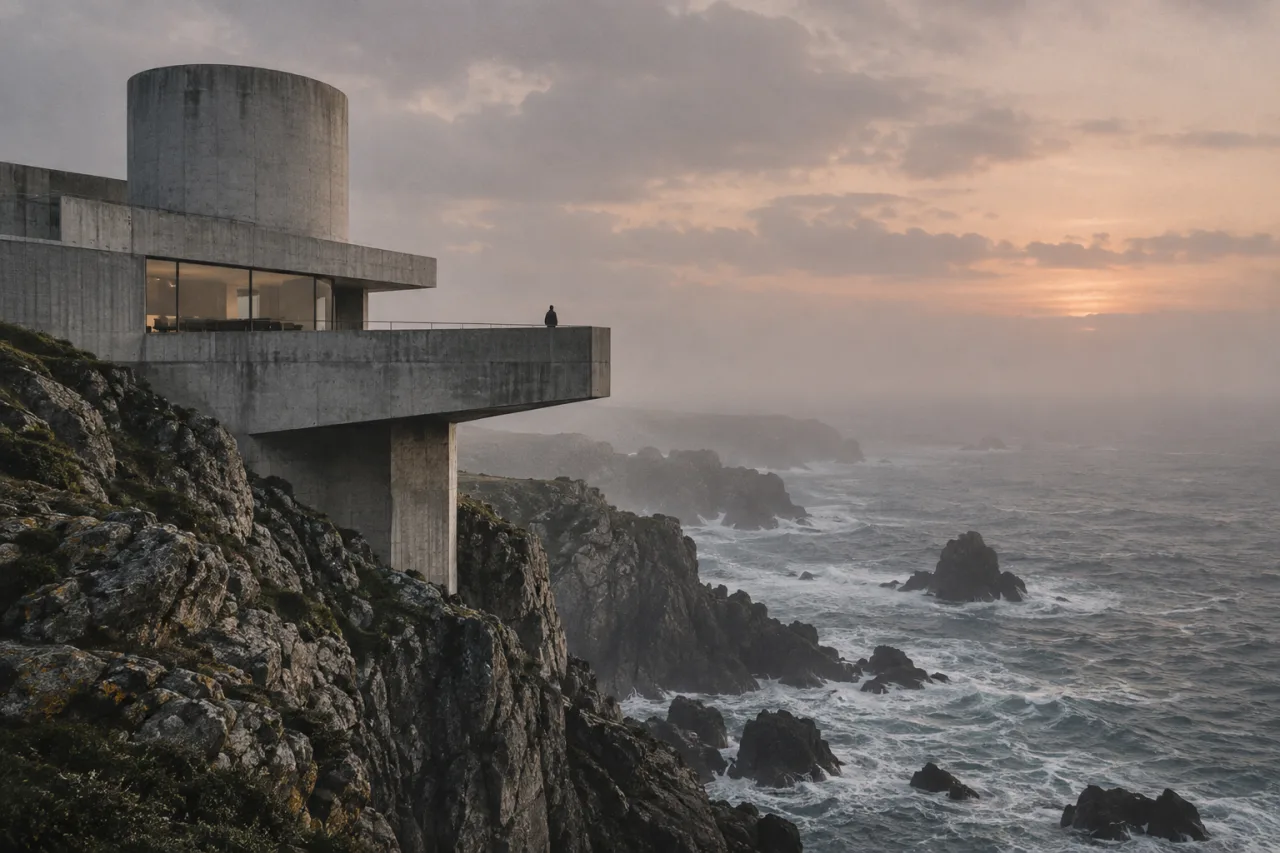 An imagined concrete observatory overlooking a misty rocky coastline.